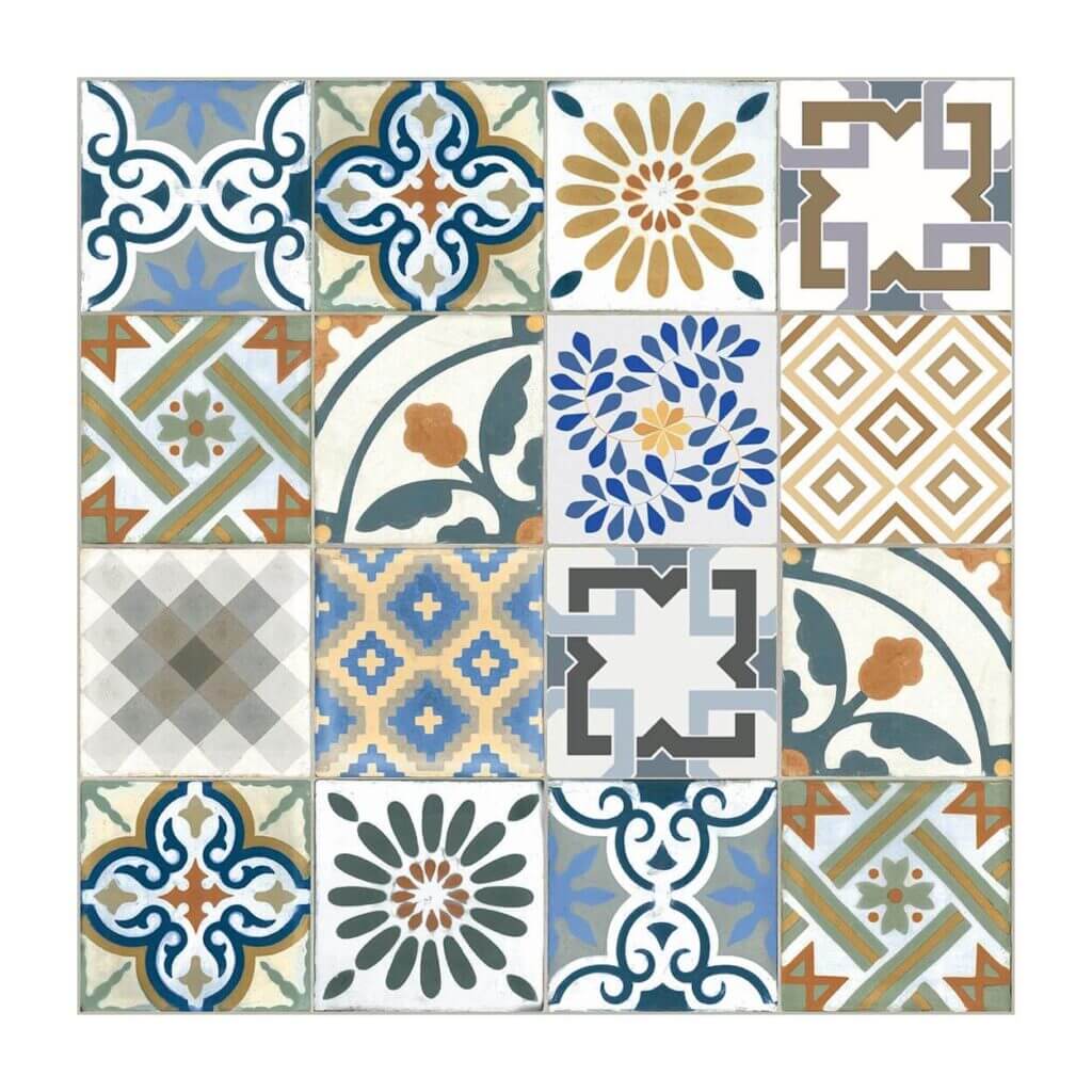 Imagen de una colección de baldosas cerámicas de colores vivos con diseños geométricos y florales. Las baldosas se colocan en un patrón cuadrado en una pared de fondo blanca. Piso Alhambra de Alfa. ¿Recuerdas uno parecido en tu casa?