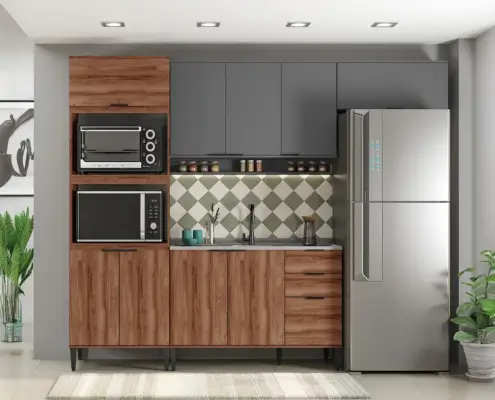 Cocina integral moderna con muebles en madera y gabinetes grises, equipada con electrodomésticos y revestimiento de pared estilo damero