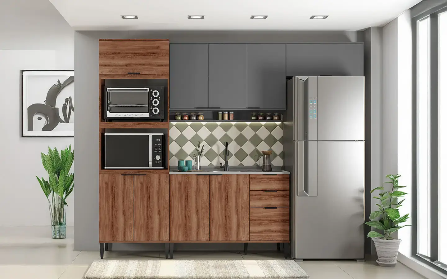 Cocina integral moderna con muebles en madera y gabinetes grises, equipada con electrodomésticos y revestimiento de pared estilo damero